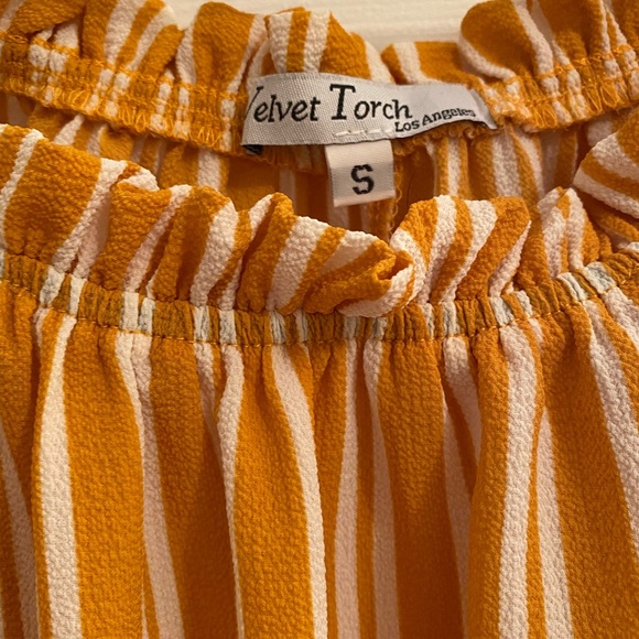 Mustard and white off the shoulder top. - Picture 3 of 6